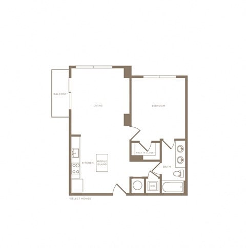 Floor plan for 1 bed, 1 bath, 809 sqft